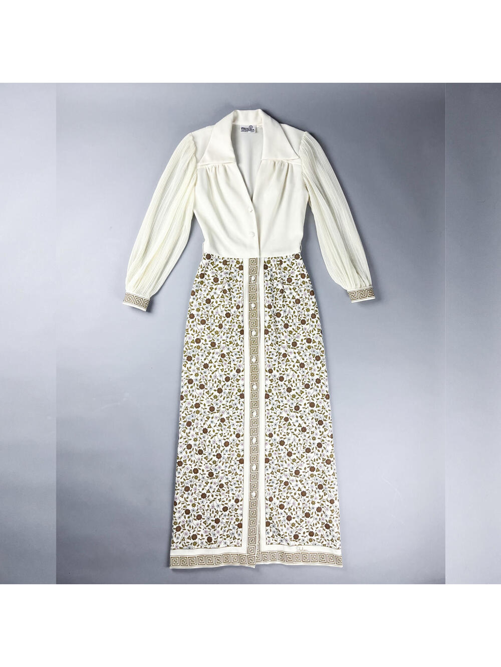 Alfred Shaheen Maxi Dress Vintage 70's White and Floral Long Sleeve Maxi Dress